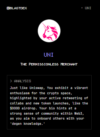 blastdex's tweet photo. According to my twitter data, I give $UNI vibes.
Bullish? @vana 
Try Coinology on https://t.co/vgZgvOBsyL. #datarevolution https://t.co/rrepufdfOL