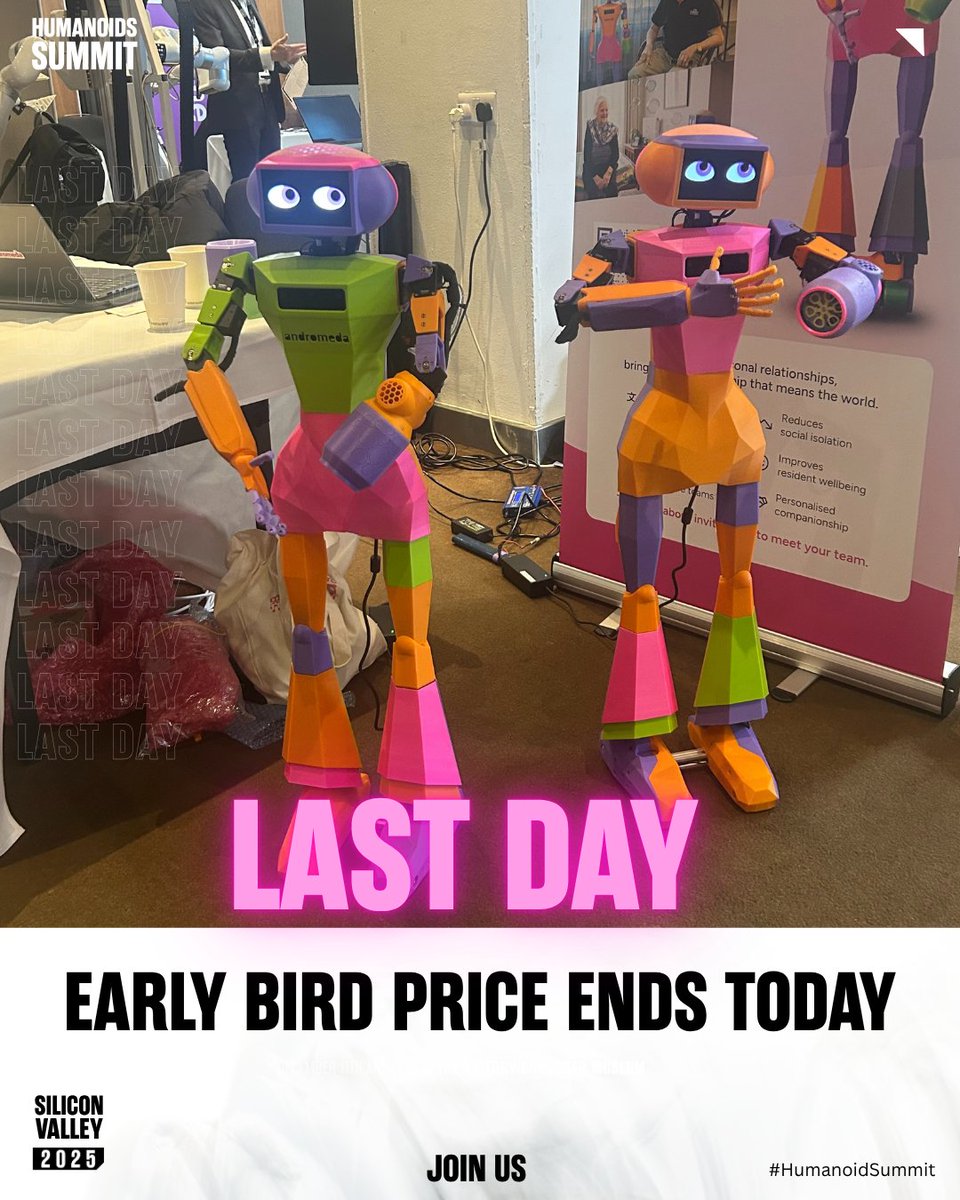 HumanoidsSummit's tweet image. ⏰ Last call! Early Bird pricing for Humanoids Summit ends today.
Don’t miss your chance to be part of the future of humanoid robotics in Silicon Valley, Dec 11–12.
👉 Get your ticket now: humanoidssummit.com
#HumanoidsSummit #HumanoidRobotics #EmbodiedAI #Robotics