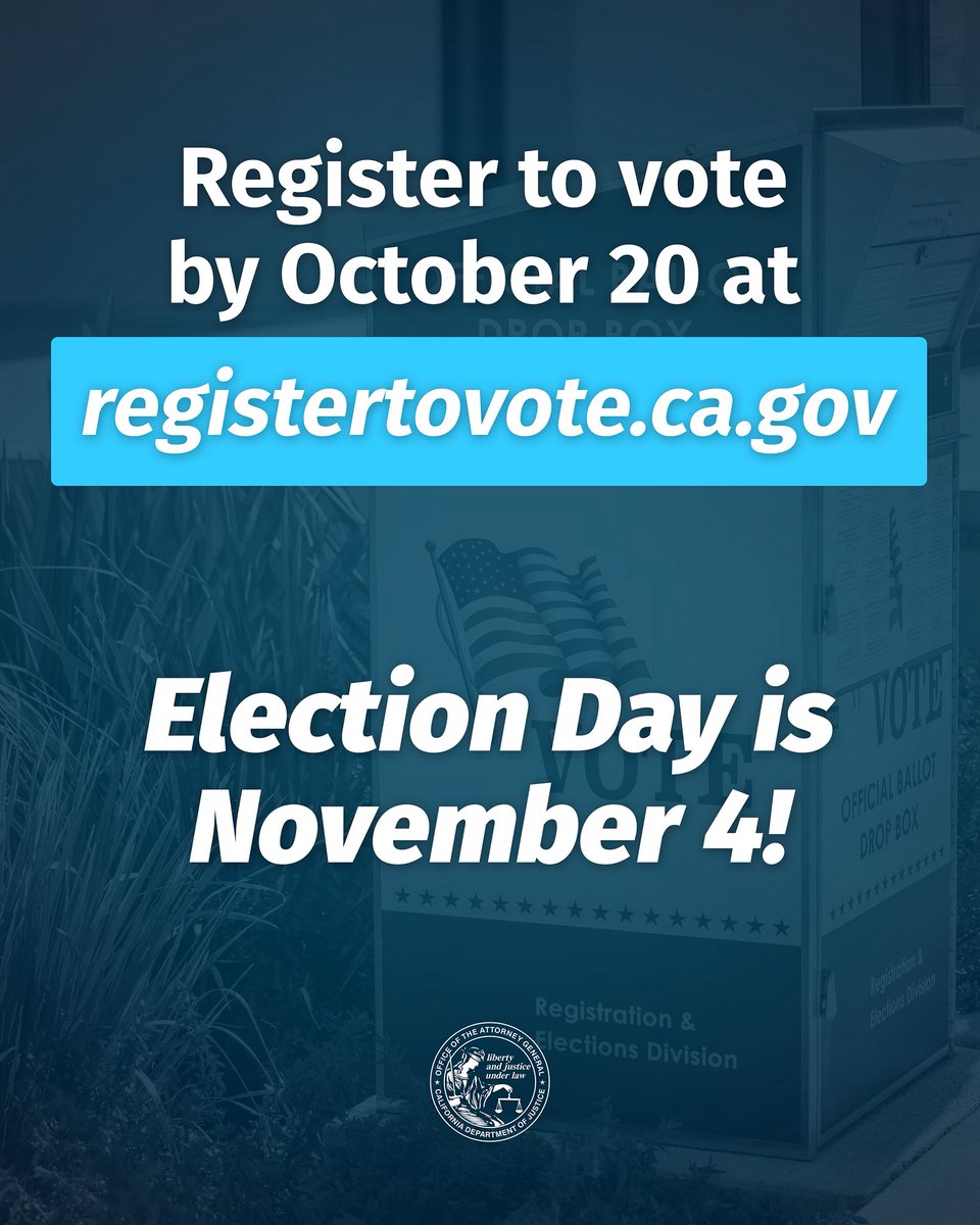 AGRobBonta's tweet image. California’s election laws provide the backbone for a free and fair election, and as California AG, I will do everything in my power to protect your right to vote.

Remember: ensure your voice is heard, know your rights, and vote early! 

oag.ca.gov/news/press-rel…