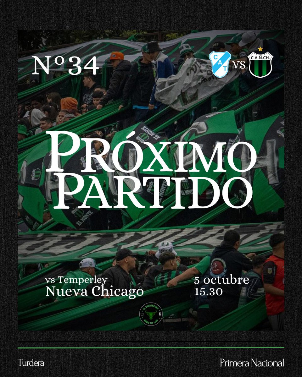 ÚLTIMO COMPROMISO DEL AÑO 💚🖤

Temperley - NUEVA CHICAGO 

🏆 Torneo Primera Nacional “Sur Finanzas” 2025

⚽️ Fecha 34 - Zona B
📅 Domingo 5 de octubre
🕝 15.30
🏟️ Estadio Alfredo Beranger
⚖️ Fabrizio Llobet
📺 DSports