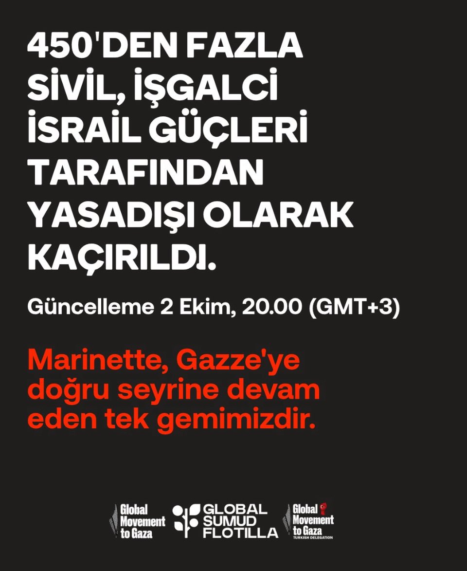 H_S_Sirin's tweet photo. 450’den fazla sivil, işgalci İsrail güçleri tarafından yasadışı olarak kaçırıldı.
Marinette, Gazze’ye doğru seyrine devam eden tek gemimizdir.
#GSFUpdate #GSFAlert #BreakTheSiege
#FreePalestine
#SailToGaza #GlobalMovementToGaza #GlobalSumudFlotilla https://t.co/jWPnCsGwps
