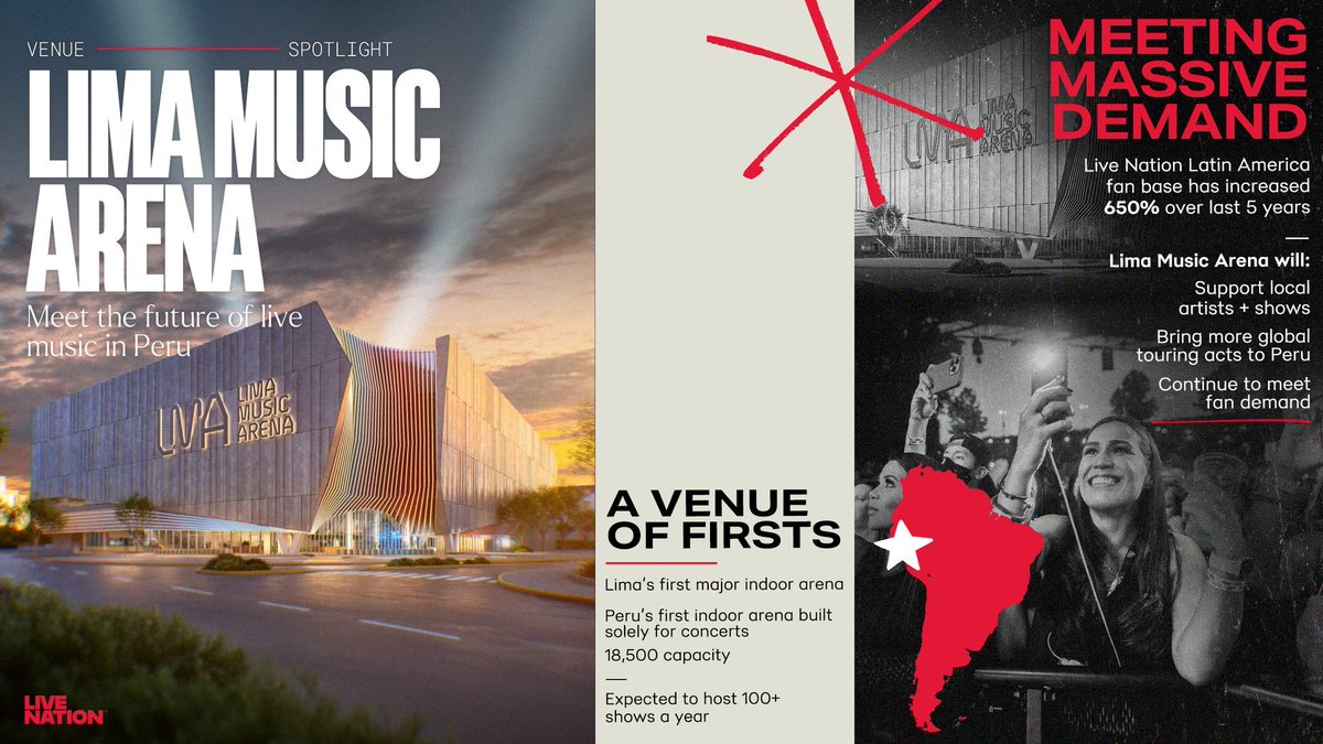 #EsTendencia; Live Nation anuncia la construcción de la primera arena cubierta en Lima, Perú 🇵🇪 con fecha estimada de apertura para 2028: LIMA MUSIC ARENA. 

Tendrá capacidad para más de 18.500 personas, espera albergar más de 100 eventos al año y entra a cubrir una demanda que
