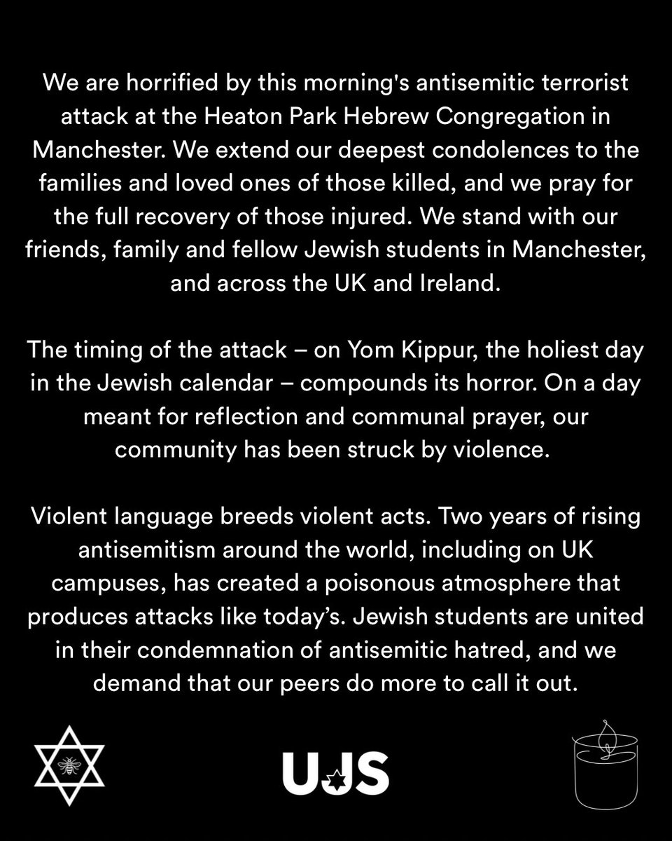 UJS_UK's tweet image. We are horrified by this morning’s antisemitic terrorist attack in Manchester. May the memory of those lost be a blessing, and may our community go from strength to strength in such challenging times.