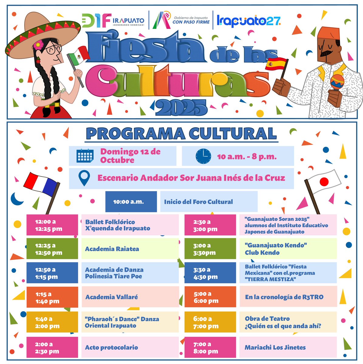 El Sistema DIF Irapuato te invita a la Fiesta de las Culturas 2025, este domingo 12 de octubre en el Andador Sor Juana Inés de la Cruz. 📍