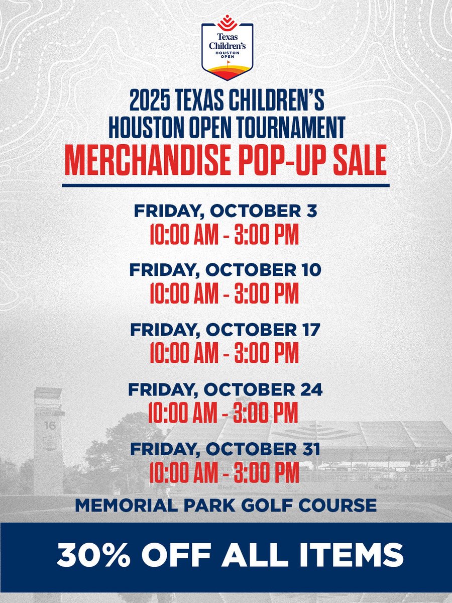 Texas Children’s Houston Open (@tchouopen) on Twitter photo NEW MERCHANDISE POP-UP SALE DATES‼️
Don't miss your chance to shop for our exclusive merch at 30% OFF at the Chevron Center at Memorial Park Golf Course!
Join us on Fridays, October 3, 10, 17, 24, &31. Plus, you can round up your purchase to support Texas Children's Hospital!🙌 NEW MERCHANDISE POP-UP SALE DATES‼️
Don't miss your chance to shop for our exclusive merch at 30% OFF at the Chevron Center at Memorial Park Golf Course!
Join us on Fridays, October 3, 10, 17, 24, &31. Plus, you can round up your purchase to support Texas Children's Hospital!🙌