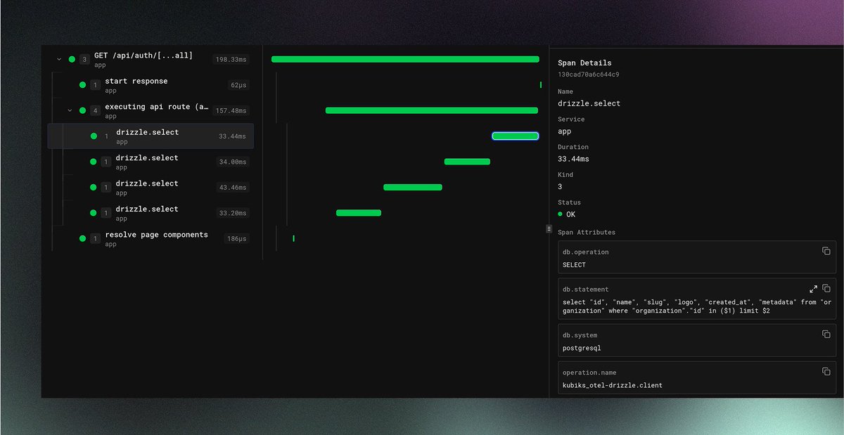 alex_holovach's tweet image. Drizzle ORM is awesome but it lacks telemetry.
Not anymore.
> pnpm add kubiks/otel-drizzle
@DrizzleORM check it out