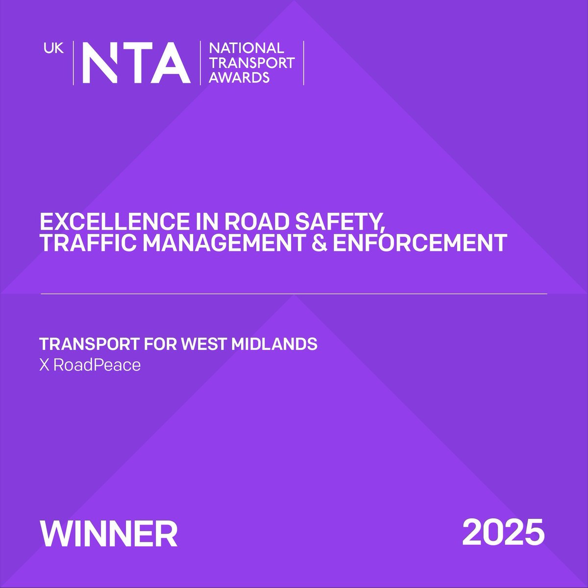 TransportTimes's tweet photo. 🏆 Excellence in Road Safety, Traffic Management &amp; Enforcement
The first award of the night goes to @TransportForWM with @RoadPeace for their powerful Road Safety Campaign – tackling dangerous driving and saving lives across the West Midlands. 🚦👏 Congratulations! #UKNTAs25 https://t.co/0usNUZLT3s