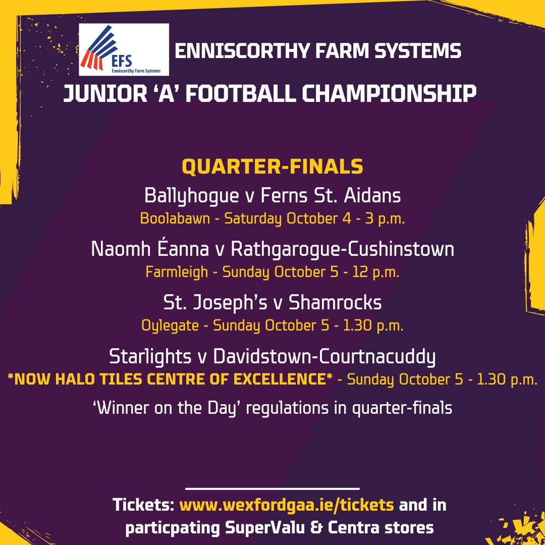 OfficialWexGAA's tweet image. Please note a change of venue for Sunday&apos;s @EFSPaddy Junior &apos;A&apos; Football Championship quarter-final between Starlights and Davidstown-Courtnacuddy. 

The match will now take place in the @HaloTiles Centre of Excellence in Ferns. Throw-in time remains 1.30 p.m.