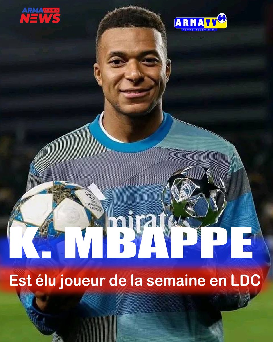 armatelevision's tweet photo. 🚨 OFFICIEL ✅ ! Kylian Mbappé  est élu 𝗝𝗢𝗨𝗘𝗨𝗥 𝗗𝗘 𝗟𝗔 𝗦𝗘𝗠𝗔𝗜𝗡𝗘 en Ligue des Champions après son triplé
🔥🔥🔥🔥

#abonne_toi_sur_la_page_et_partage
#ABONNEZ_VOUS_A_LA_PAGE
#ARMATV https://t.co/IRSqOJ4li9