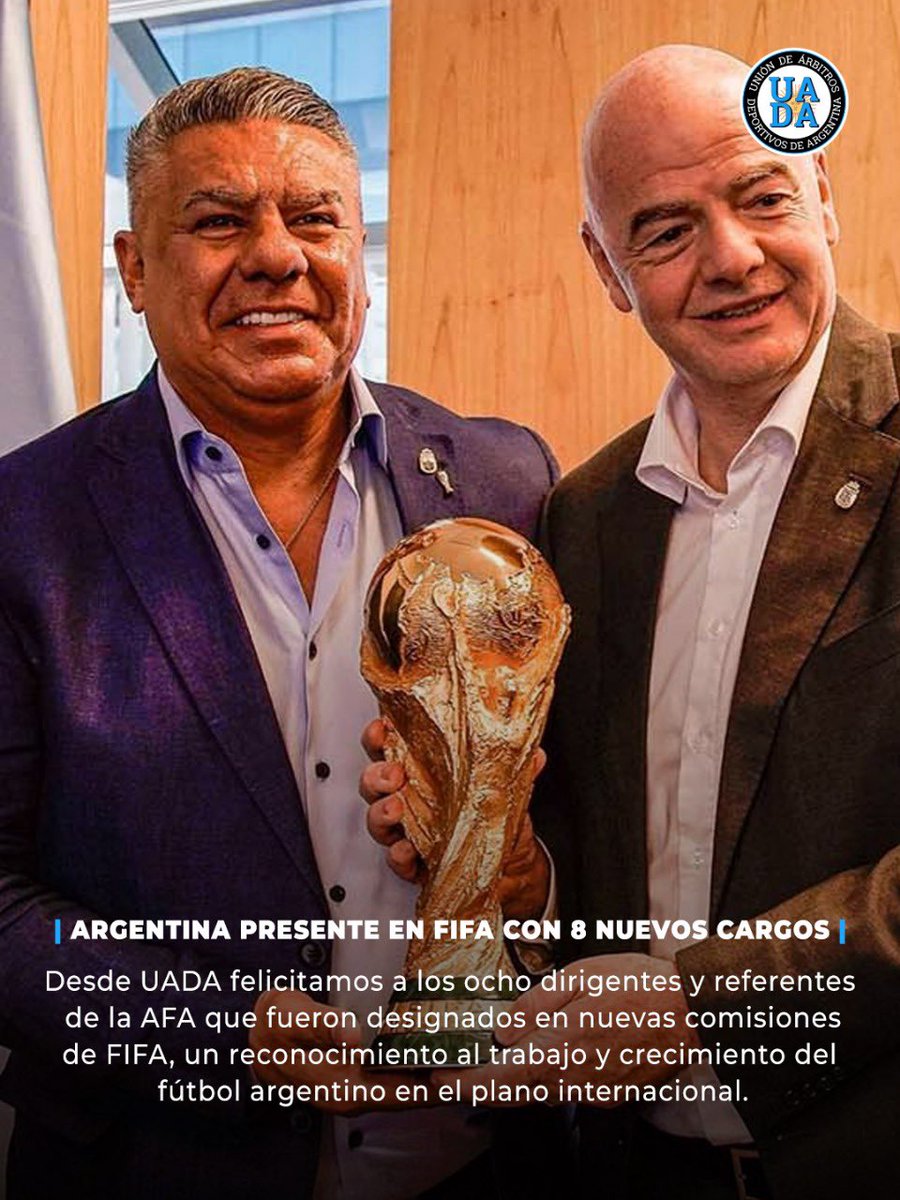 Desde UADA felicitamos a los ocho dirigentes y referentes de la AFA que fueron designados en nuevas comisiones de FIFA, un reconocimiento al trabajo y crecimiento del fútbol argentino en el plano internacional.

✅ Claudio Tapia – Comisión de Reglamento
✅ Federico Beligoy –
