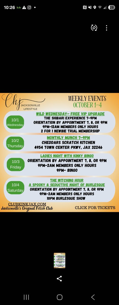 CKJStudioJax's tweet image. Join us this week!
Thursday Oct 2nd, 7-9pm

Monthly Munch
An OPEN EVENT, Meet &amp;amp; Greet at local restaurant. 
First Thursday Every Month.

Oct 2nd 

#MeetNGreet
#LifestyleMunch
#CKJLIFESTYLE
Cheddars Scratch Kitchen
4954 Town Center Pkwy
Jax, Fl 32246