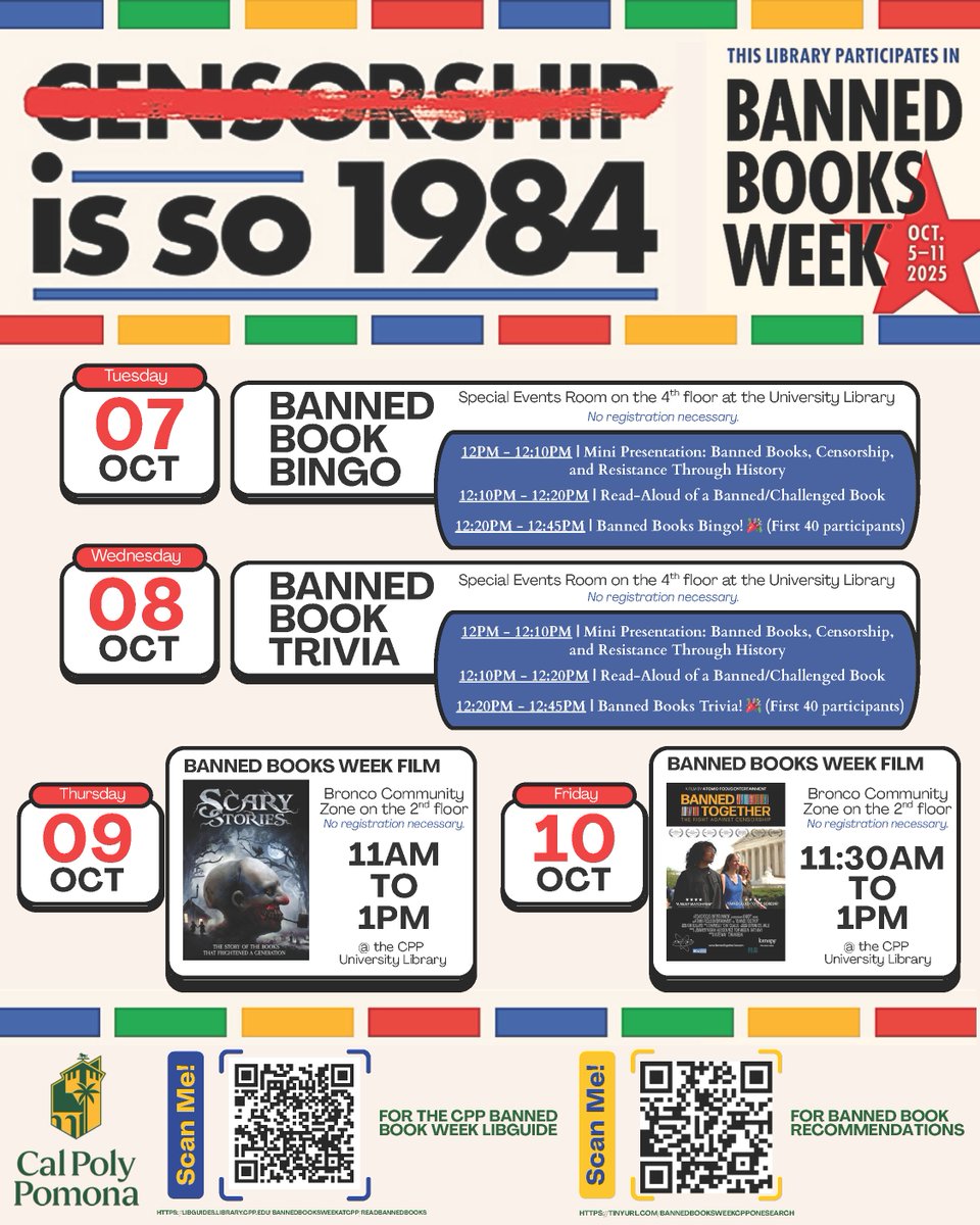 cpplibrary's tweet image. Celebrate Banned Books Week at the University Library! Join us October 5–11 to explore the power of stories they tried to silence. From Banned Book Bingo and Trivia to film screenings and event tabling. No registration needed, just stop by and enjoy. libguides.library.cpp.edu/BannedBooksWee…