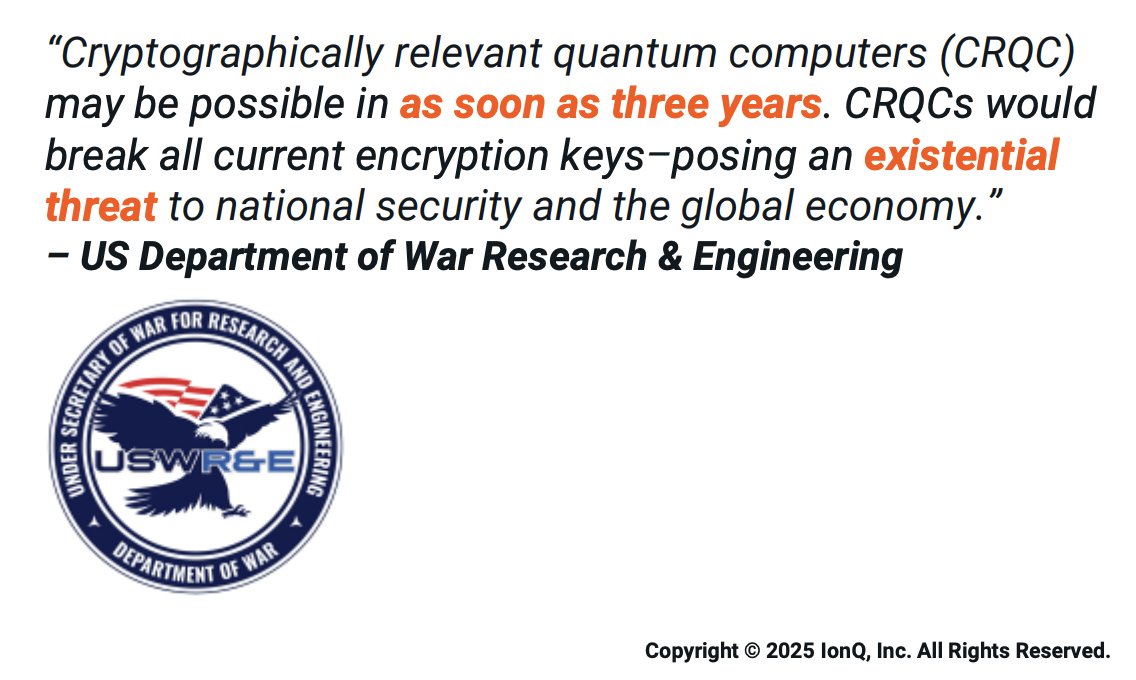 DesFrontierTech's tweet image. Looking back, this was probably the most important slide from Analyst Day. For years CRQCs were a 2030 problem. Academic talk more than operational risk. Now the Department of War is saying encryption could be toast in just three years. That shifts it from lab demo to war budget…