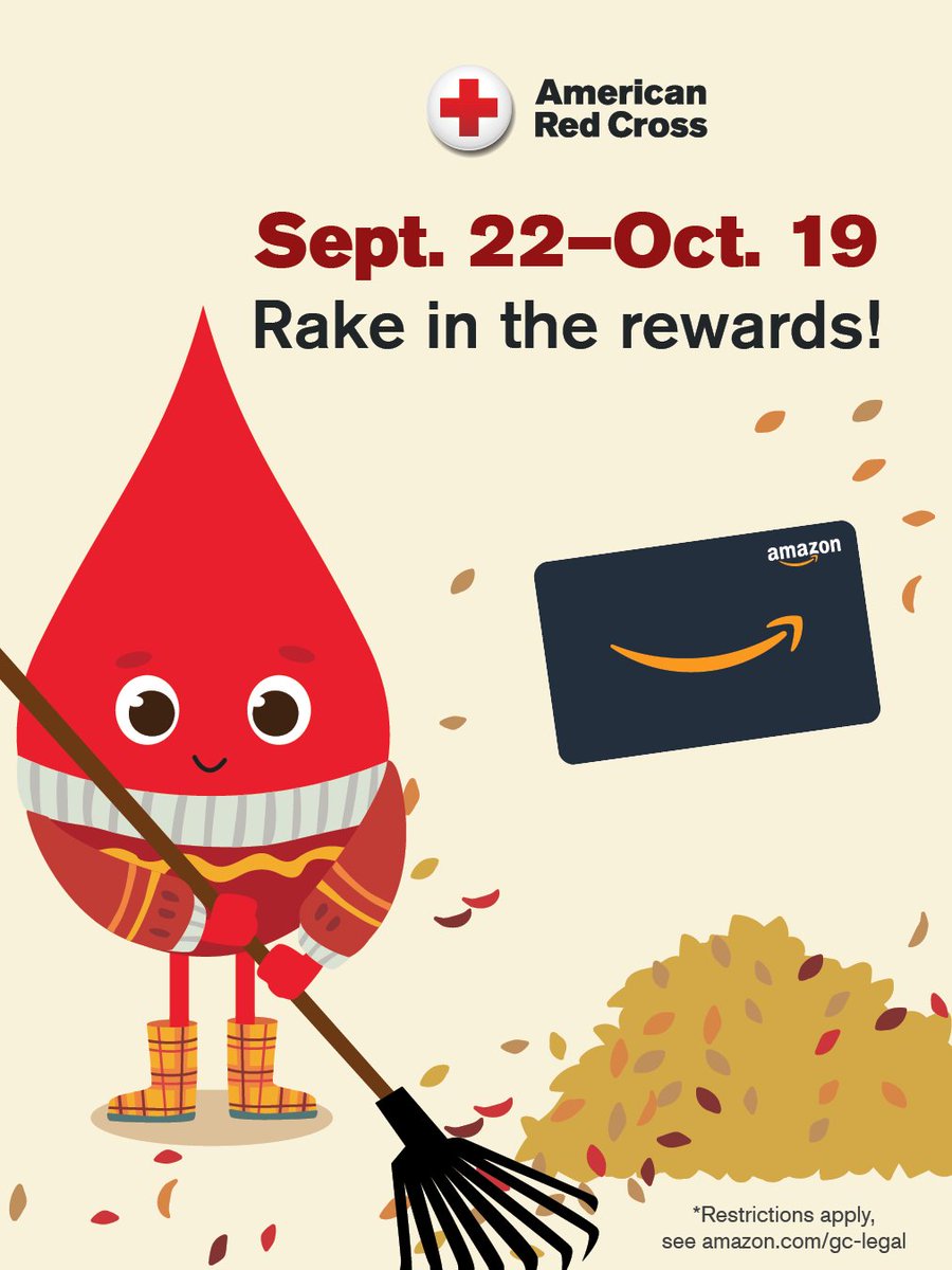 Don't let the blood supply fall! Come to give blood or platelets Oct. 20-Nov. 16 and the Red Cross will send you a $10 e-gift card to a merchant of your choice. Plus, get a chance at a $5K gift card! Harvest hope &amp; give blood.

 Book now: rcblood.org/3JliNFz (T&amp;C; other