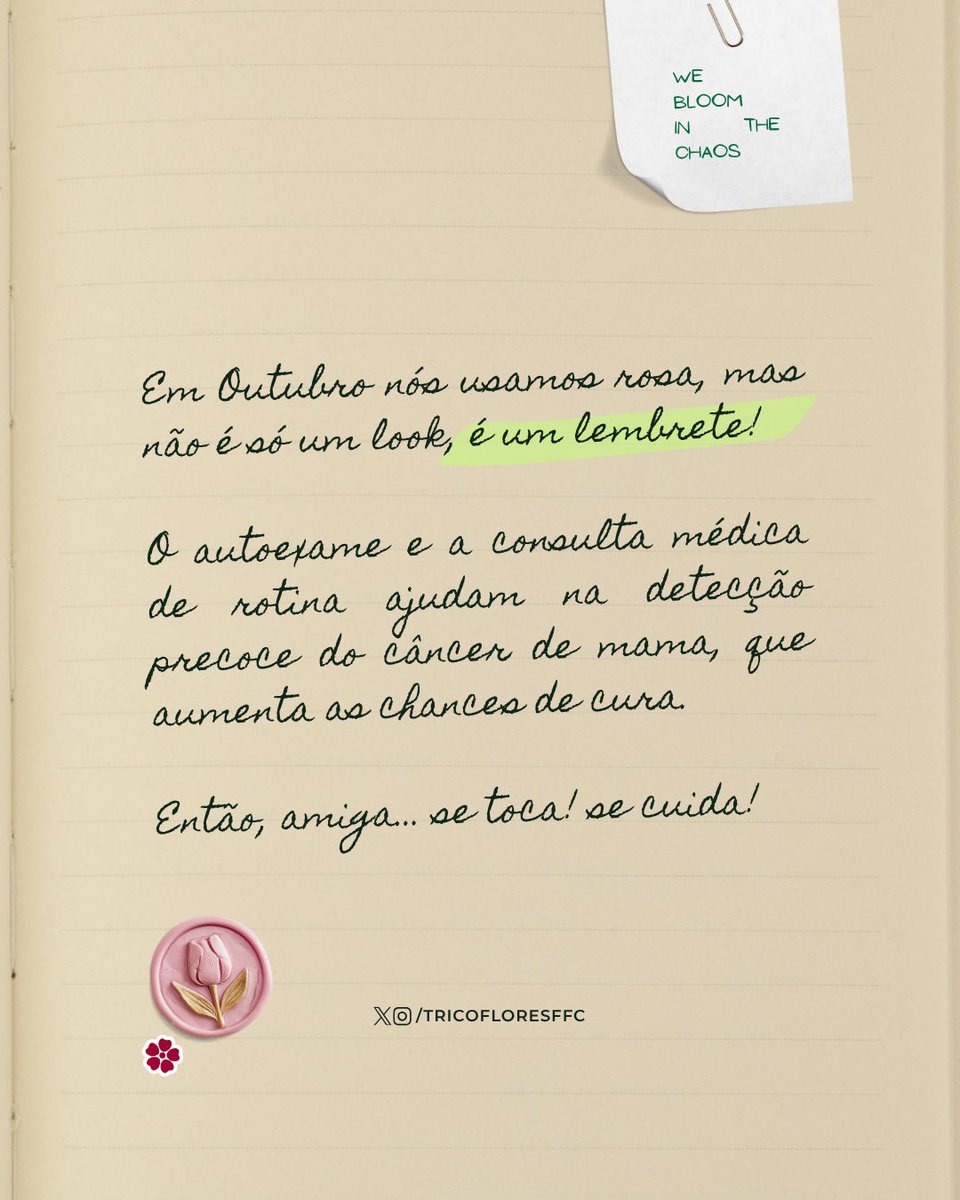 O futebol nos une, e a saúde também!

Cuidar de si é a maior prova de amor próprio. No Outubro Rosa, a prevenção é nosso maior gol: faça seus exames e incentive outras mulheres!

Acesse no insta <a href="/tricofloresffc/">Tricoflores</a> o trabalho de ONGs na luta contra o câncer de mama.

Vamos juntas! 🎀