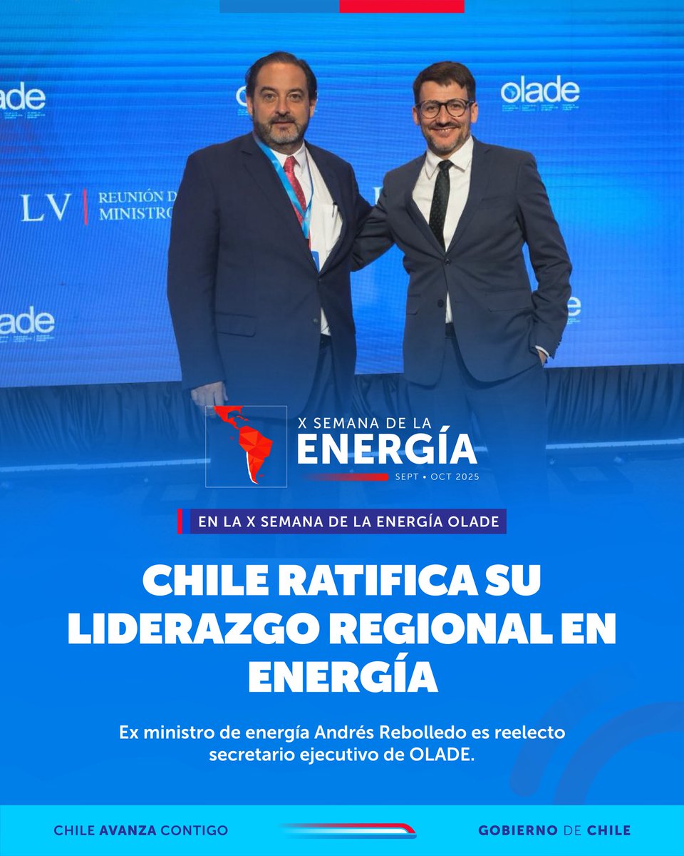 MinEnergia's tweet photo. En la reunión de ministros en la #XSemanaDeLaEnergía⚡️, los ministros y ministras han reelegido a Andrés Rebolledo, como secretario ejecutivo de @OLADEORG, quien tendrá la tarea de seguir impulsando las energías limpias y la transición energética en América Latina y El Caribe. https://t.co/NgbfaJmNKT