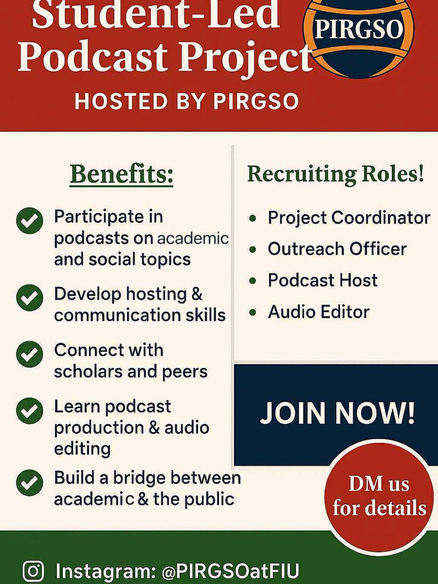 PIRGSOatFIU's tweet photo. Hi everyone!  PIRGSO is excited to launch a Student-led Podcast project. We are currently recruiting team members to help with things like organizing/ coordinating the project, liaising with prospective scholars, hosting, and editing audio.

If you are interested, please DM us. https://t.co/FjgnkfpQY7