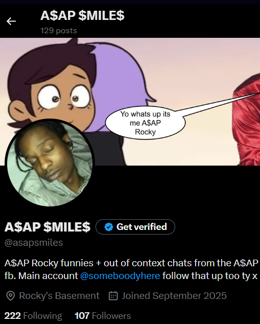 asapsmiles's tweet photo. HOLY SHIT 100 ALREADY thank y'all so much this account was made for fun, never thought so many people would luv this, special s/o to @bosniaktra51885 @everyday_rocky @RobloxASAPRocky for writing the funniest shit love yall x also follow my main if u want @someboodyhere https://t.co/fk4RgPHw33