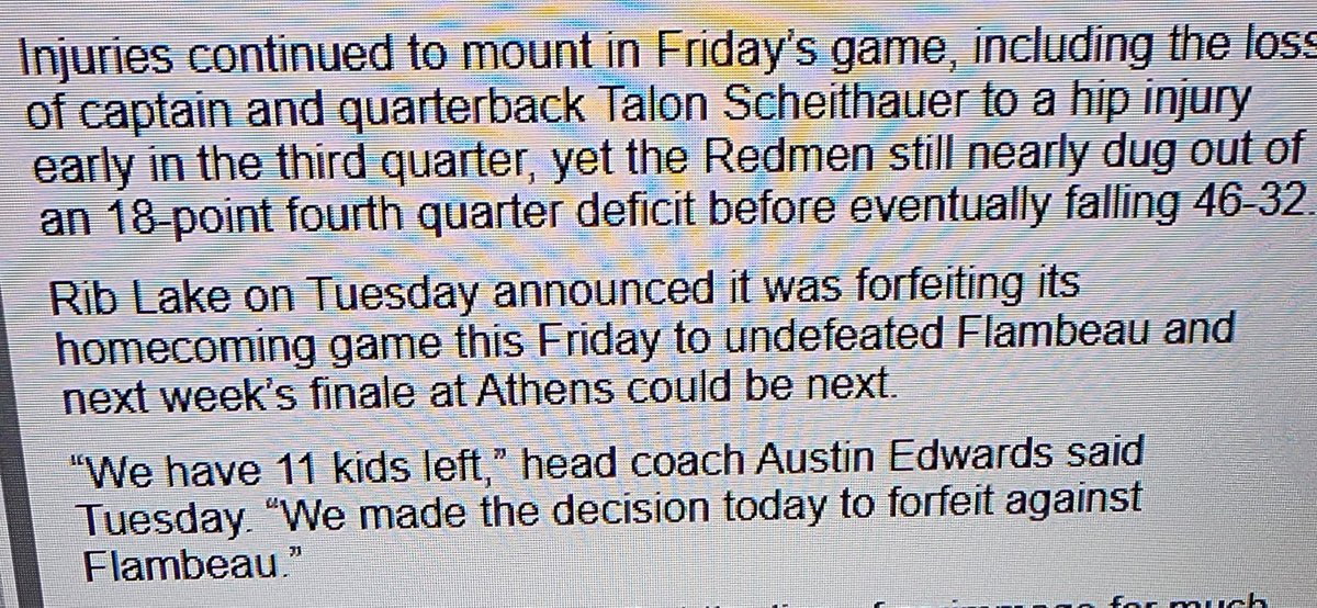 Rib Lake forfeiting against Flambeau tonight and possibly next week as well as injuries have cut into a thin roster. #wisfb