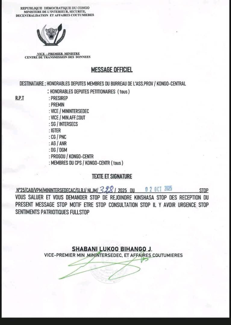 Kongo central FULL STOP : le VPM de l'intérieur <a href="/shabani_lukoo/">SHABANI Lukoo J.</a> invite les membres du Bureau de l'Ass. Prov et tous les élus