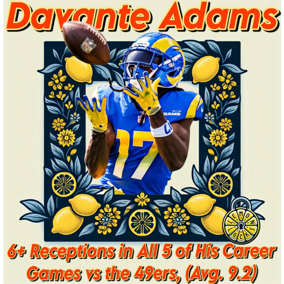 4LemonLocks's tweet photo. 🚨🍋 TODAY’S FREE #LemonLock 🍋🔐: 

🏈 - Davante Adams will record OVER 5.5 receptions vs the San Francisco 49ers
(SF @ LAR)
(GAME STARTS @ 8:15PM)
(WE KNOW HIS LINE IS ONLY 4.5, BUT THIS LINE HAS GREAT VALUE) https://t.co/bOEz3DykMM