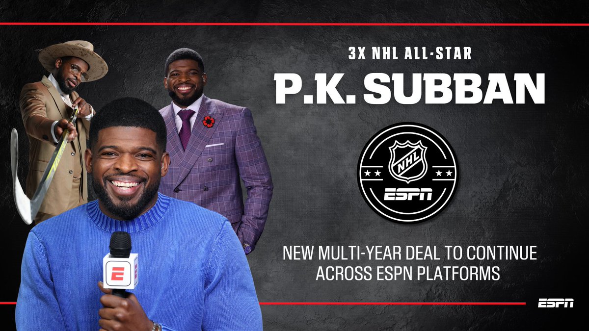 ESPNPR's tweet photo. ESPN has signed @PKSubban1 to a new, multi-year contract extension

The 3x #NHL All-Star will continue to serve as an NHL studio analyst https://t.co/dkUcJOaRjo