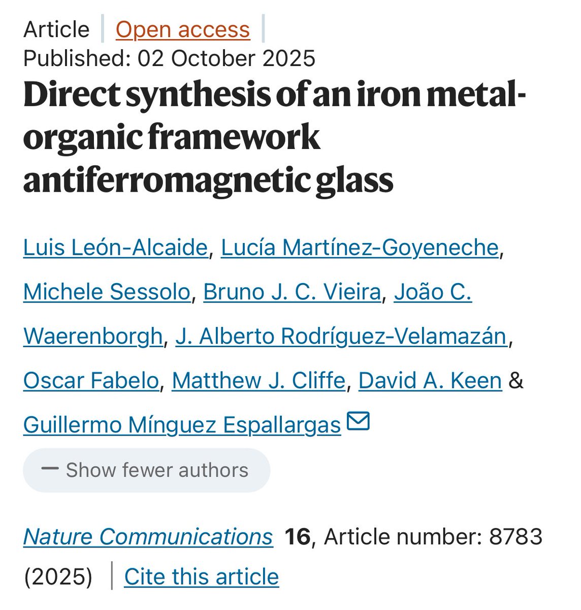 Guillermo Minguez Espallargas (@gminguezesp) on Twitter photo 🚀New <a href="/NatureComms/">Nature Communications</a> paper out now!
“Direct synthesis of an iron MOF antiferromagnetic glass”
A solvent-free, one-step route to Fe2+ MOF glasses that enables device integration and studying magnetic properties of molecular-based random networks.
nature.com/articles/s4146… 🚀New <a href="/NatureComms/">Nature Communications</a> paper out now!
“Direct synthesis of an iron MOF antiferromagnetic glass”
A solvent-free, one-step route to Fe2+ MOF glasses that enables device integration and studying magnetic properties of molecular-based random networks.
nature.com/articles/s4146…