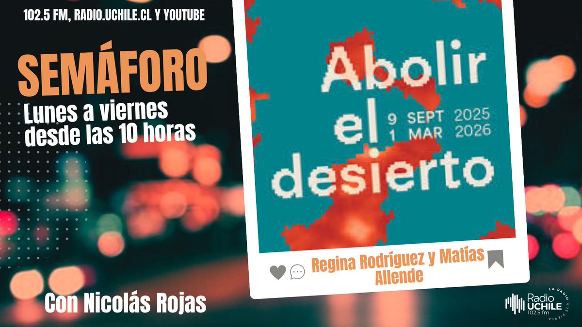 uchileradio's tweet image. AHORA en #Semáforo: la directora ejecutiva del @CCPLM, Regina Rodríguez junto a Matías Allende, curador de la Segunda Bienal de Arte Textil, comentan acerca de la exposición &quot;Abolir el desierto&quot;.

📻102.5 FM
💻radio.uchile.cl
