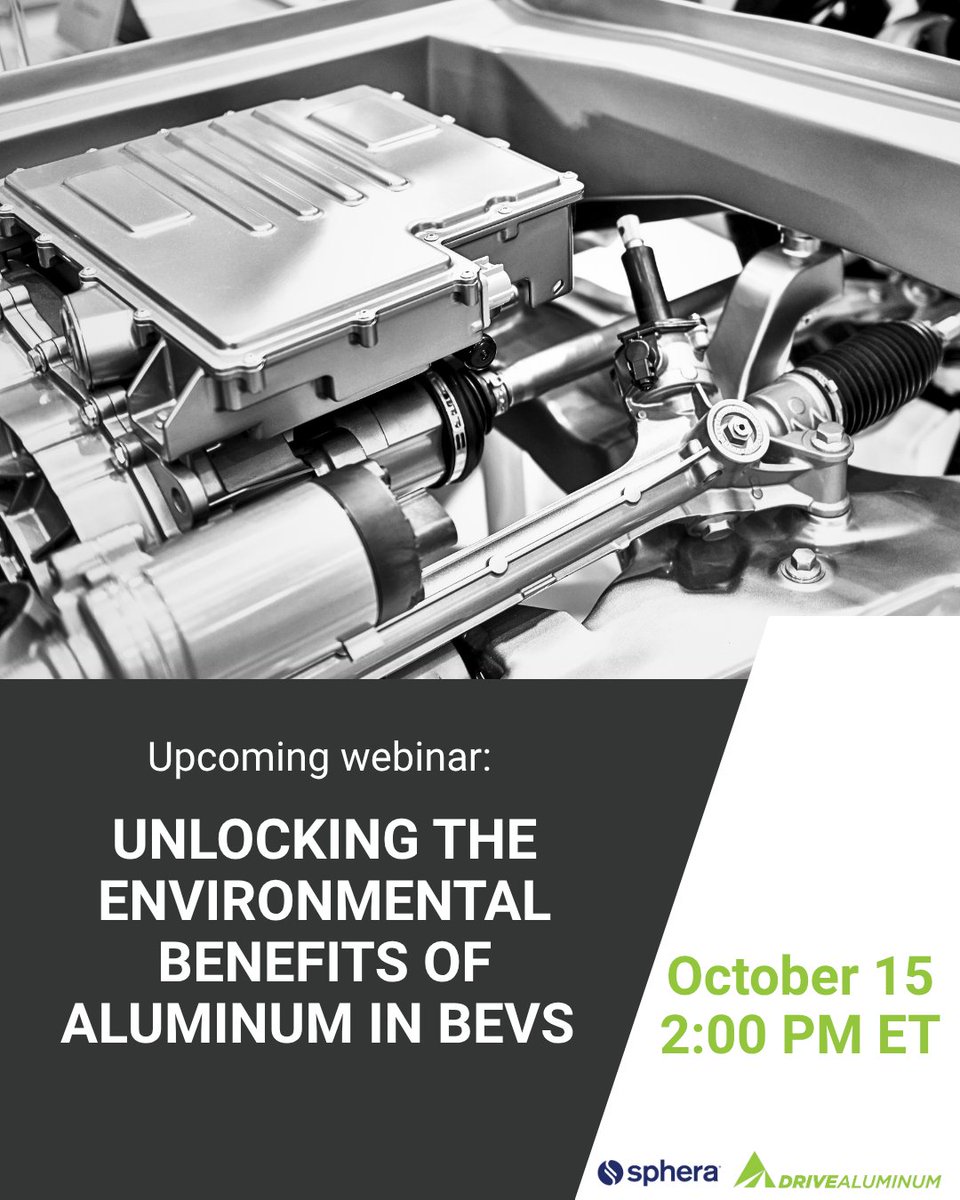 DriveAluminum's tweet photo. Save the date! ATG and @SME_MFG are hosting a webinar on 10/15 to explore the findings from our recent life cycle assessment with @Sphera that shows aluminum contributes to lower life cycle emissions in BEVs.

Register today: https://t.co/6v3NQcgeT5 https://t.co/yEmjChwPvM
