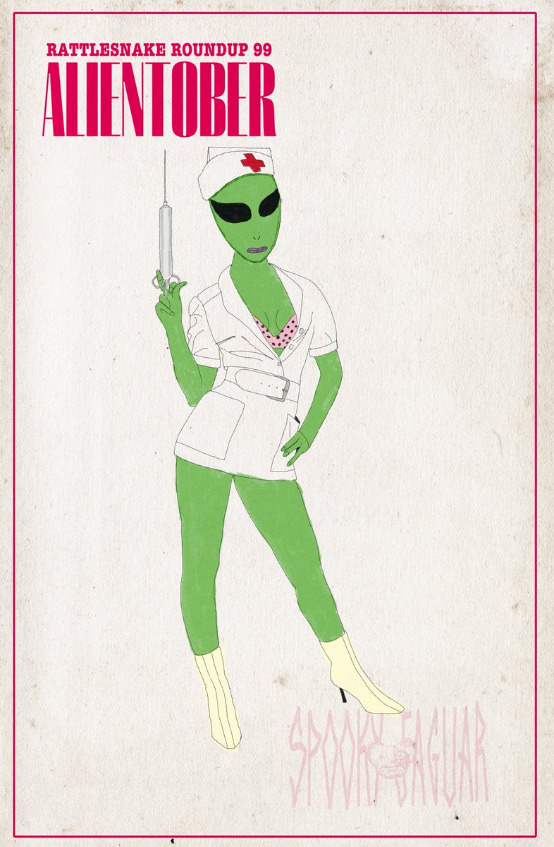 spooky_rusty's tweet image. Day 2 #Alientober: Alien nurse posing with a syringe, prepping for a surprise probing party. Rattlesnake Roundup 99—new #LiminalHorror TTRPG adventure out soon! #inktober.