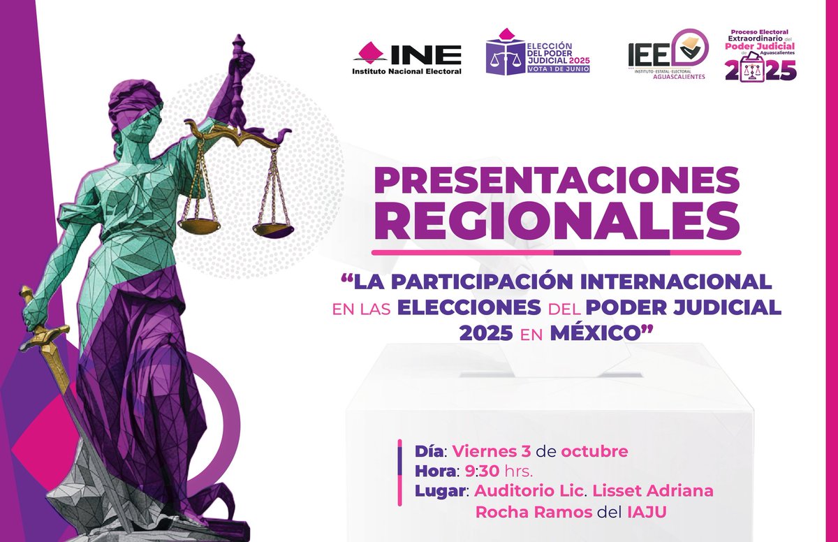 Acompáñanos mañana al foro "La participación internacional en las elecciones del Poder Judicial 2025 en México", organizado por el <a href="/INE_Ags/">INE AGUASCALIENTES</a>.

🗓 03 de octubre
🕤 09:30 hrs.
📍 <a href="/IAJUAgs/">IAJU</a>