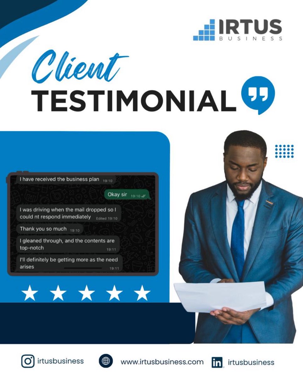 Client satisfaction is the best validation.

At IRTUS Business, our business plans are more than documents, they are growth blueprints 🚀

#IRTUSBusiness #ClientSuccess #BusinessGrowth #IRTUSReview
