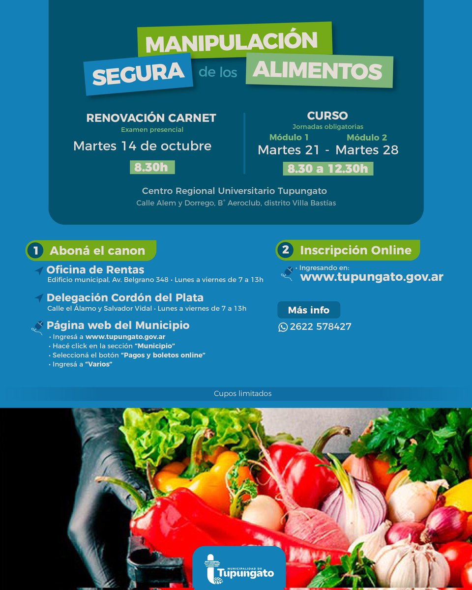 𝗜𝗡𝗦𝗖𝗥𝗜𝗣𝗖𝗜𝗢́𝗡 📣
✅ Antes de completar el formulario recordá 𝗮𝗯𝗼𝗻𝗮𝗿 𝗲𝗹 𝗰𝗮𝗻𝗼𝗻 𝗰𝗼𝗿𝗿𝗲𝘀𝗽𝗼𝗻𝗱𝗶𝗲𝗻𝘁𝗲.
👉Luego Inscribite en: tupungato.gov.ar
Adquirí conocimientos esenciales para garantizar la higiene y seguridad de los alimentos 🤝