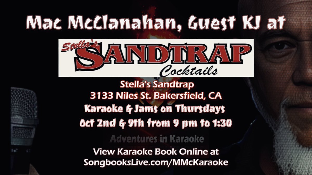 The2nsmith's tweet photo. Tonight’s Karaoke Adventure is at Stella’s Sandtrap. I’ll be the Guest Karaoke Host on Thursday October 2nd &amp; 9th spinning karaoke and jams from 9:00 to 1:30. Join us for Fun, Song and Primo Cocktails. 
Mac McClanahan, KJ 

Stella’s Sandtrap
3133 Niles Street 
Bakersfield, CA https://t.co/2vCL2qFNeS