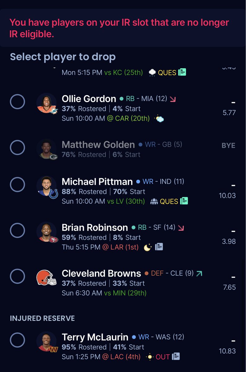 Rodin_El's tweet image. ⁦@SleeperSupport⁩ I’m getting this message about IR even though the player is clearly marked as Out. Please fix