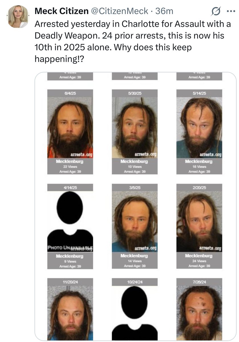 Why even bother arresting them at this point?
The Charlotte judges are still RELEASING violent repeat offenders.

Two felons arrested YESTERDAY in Charlotte and both of them have 24 prior arrests.