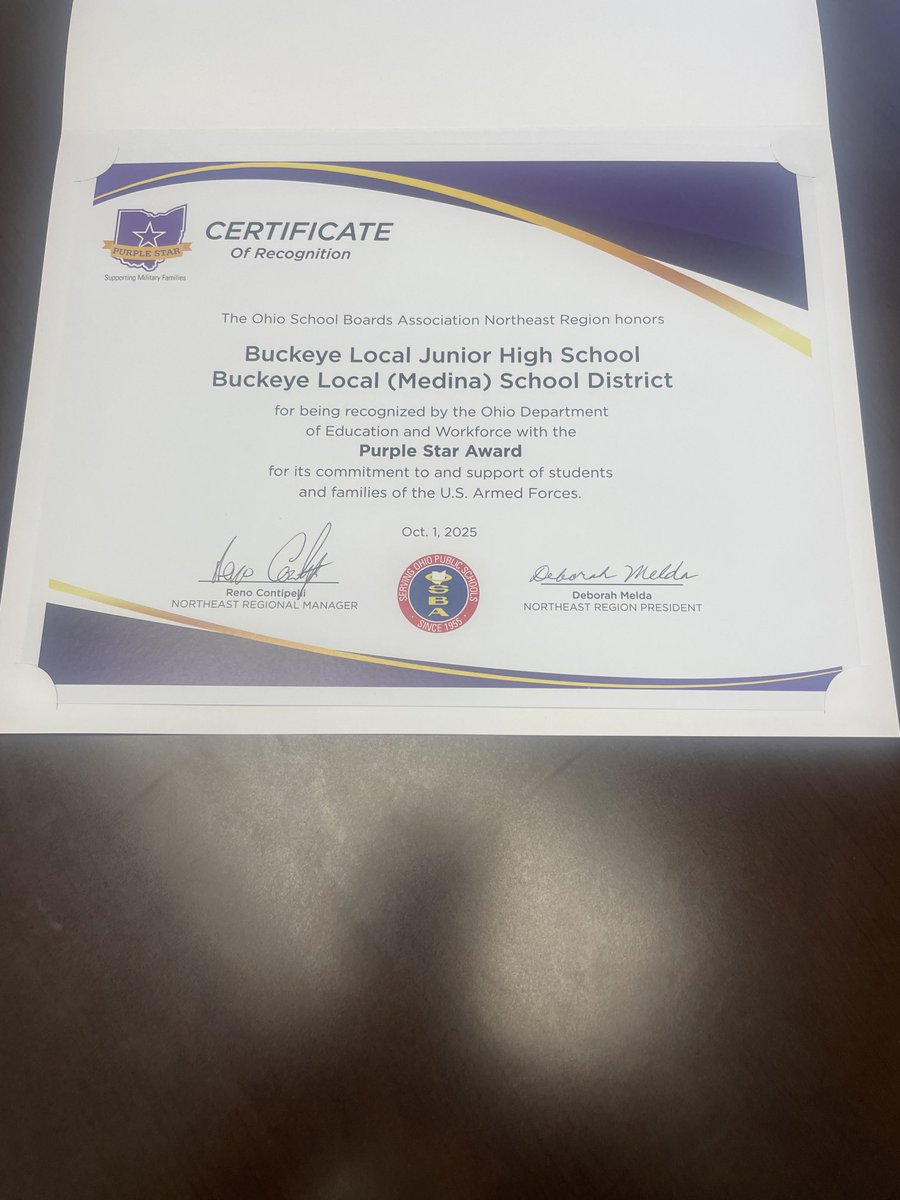 GoBucksSuper's tweet photo. Congratulations to Buckeye Junior High and Buckeye Intermediate for earning the Purple Star, joining Buckeye High and Buckeye Primary in this distinction over the past three school years. The recognition is given by OSBA for working with military families at the school. https://t.co/m9yd1DKcJF