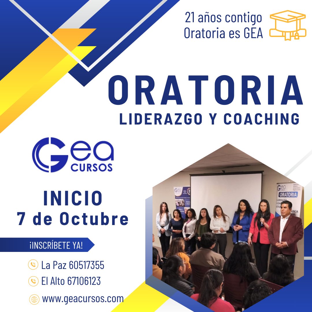 CursosGea's tweet photo. ORATORIA • LIDERAZGO • COACHING 21 años de experiencia, ¡Oratoria es GEA! 
La Paz  https://t.co/Qu6gZjfCyh 
El Alto  https://t.co/RgbdCWZ9dS
Más info  https://t.co/rFdkiclpef
#Oratoria #Liderazgo #Coaching #GeaCursos #Gea21años #OratoriaEsGea https://t.co/anSGVCfS43