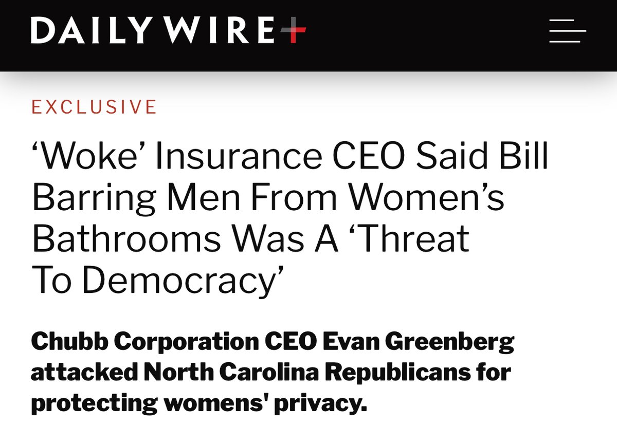 Meet <a href="/Chubb/">Chubb</a>, the *wokest* insurance company.

CEO Evan Greenberg said preventing men from using women’s bathrooms is a “threat to democracy.” That’s just the tip of the iceberg for the company’s woke ways. 

The <a href="/realDailyWire/">Daily Wire</a>’s <a href="/leif_lemahieu/">Leif Le Mahieu</a> breaks it all down: