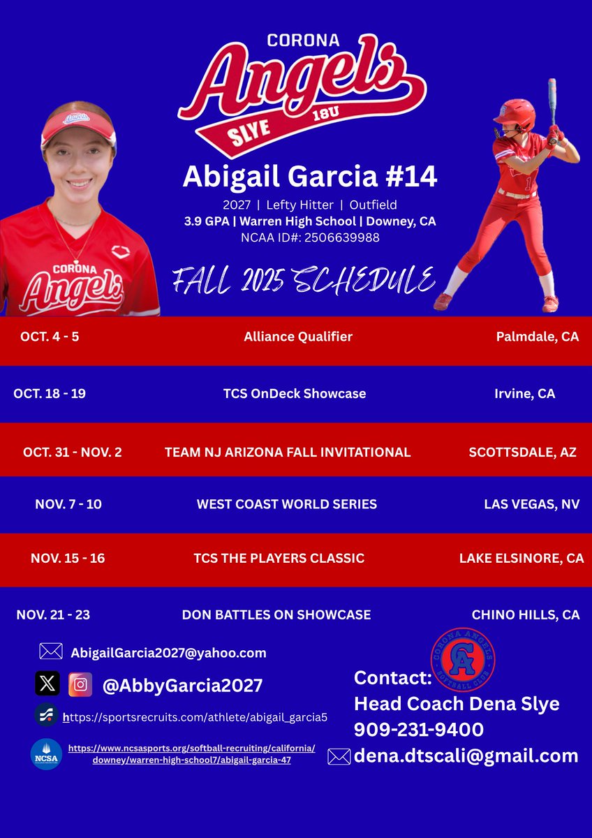 AbbyGarcia2027's tweet photo. Come out this fall and watch Corona Angels Slye 18U, see you out there!
#ClassOf2027 #leftyhitter #outtie #TysonLineDriveAcademy #coronaangels
@ExtraInningSB @SBRRetweets @CoastRecruits @SunilSportsNews https://t.co/4nnGgWTWWQ