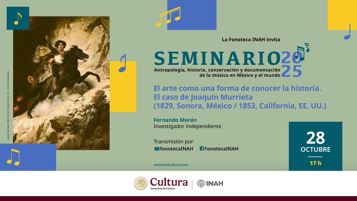 🎶 Sigue el Seminario Antropología, historia, conservación y documentación de la música de México y el mundo de <a href="/FonotecaINAH/">Fonoteca INAH</a> con:

El arte como una forma de conocer la historia.
El caso de Joaquín Murrieta...

🗓️ #HOY 28 de octubre, 17 h.
Por: youtube.com/@FonotecaINAH