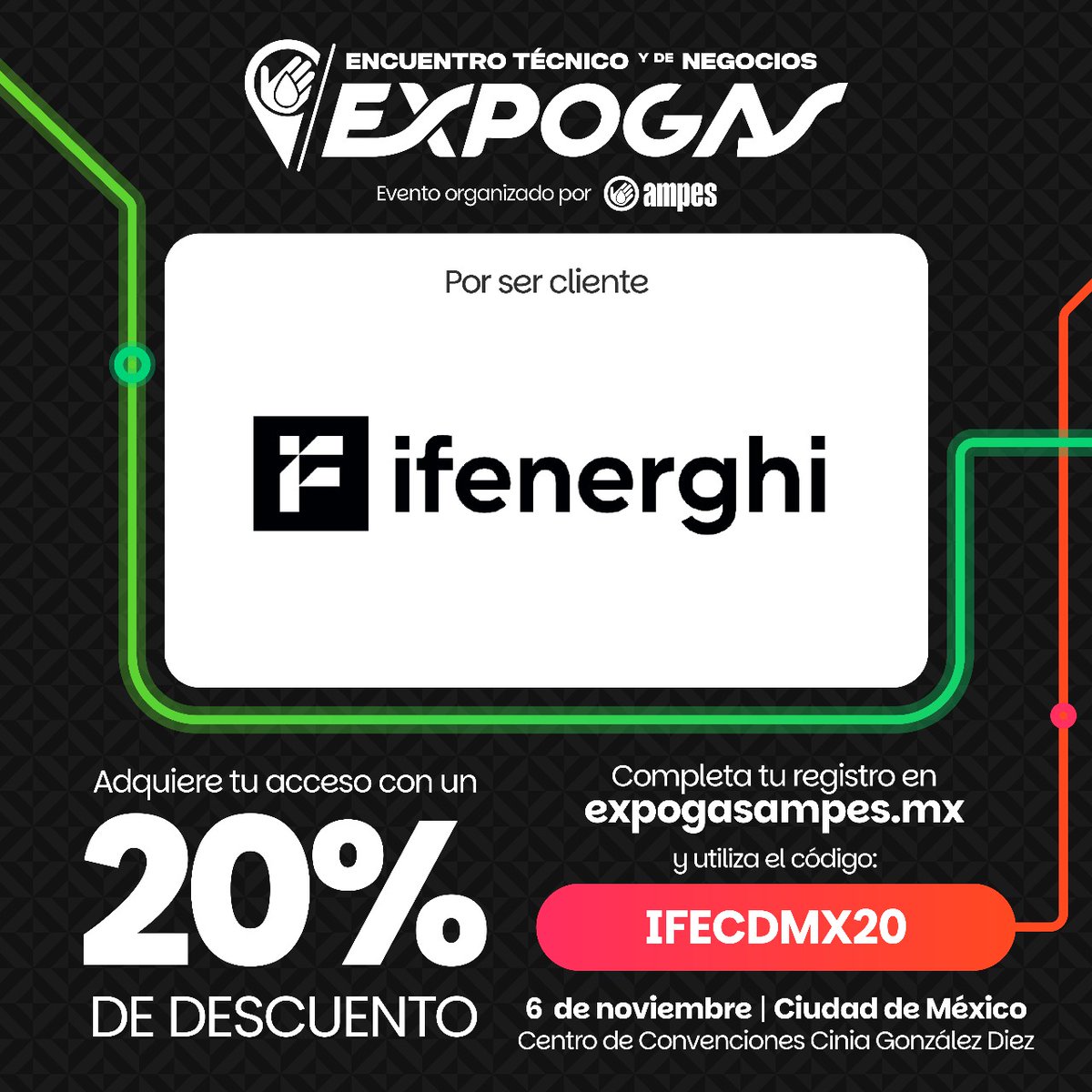 ¡¡Ifenerghi en Expogas CDMX 2025!!
 obtén un 20% de descuento en tu acceso utilizando el código IFECDMX20
👉 Regístrate ahora y obtén descuento  en tu inscripción 💻 expogasampes.mx. ​

#CDMX  #SectorGasolinero #empresariogasolinero #Gasolineras