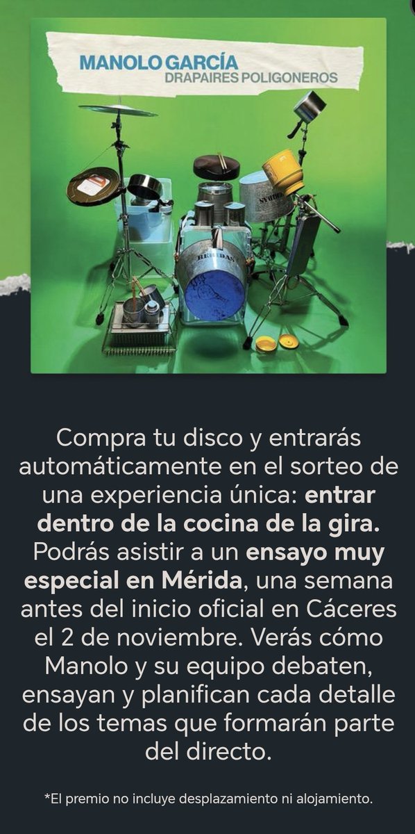 Compra el nuevo disco #DrapairesPoligoneros de #ManoloGarcía y gana una experiencia única.

Info del sorteo en la página oficial:
manolo-garcia.com