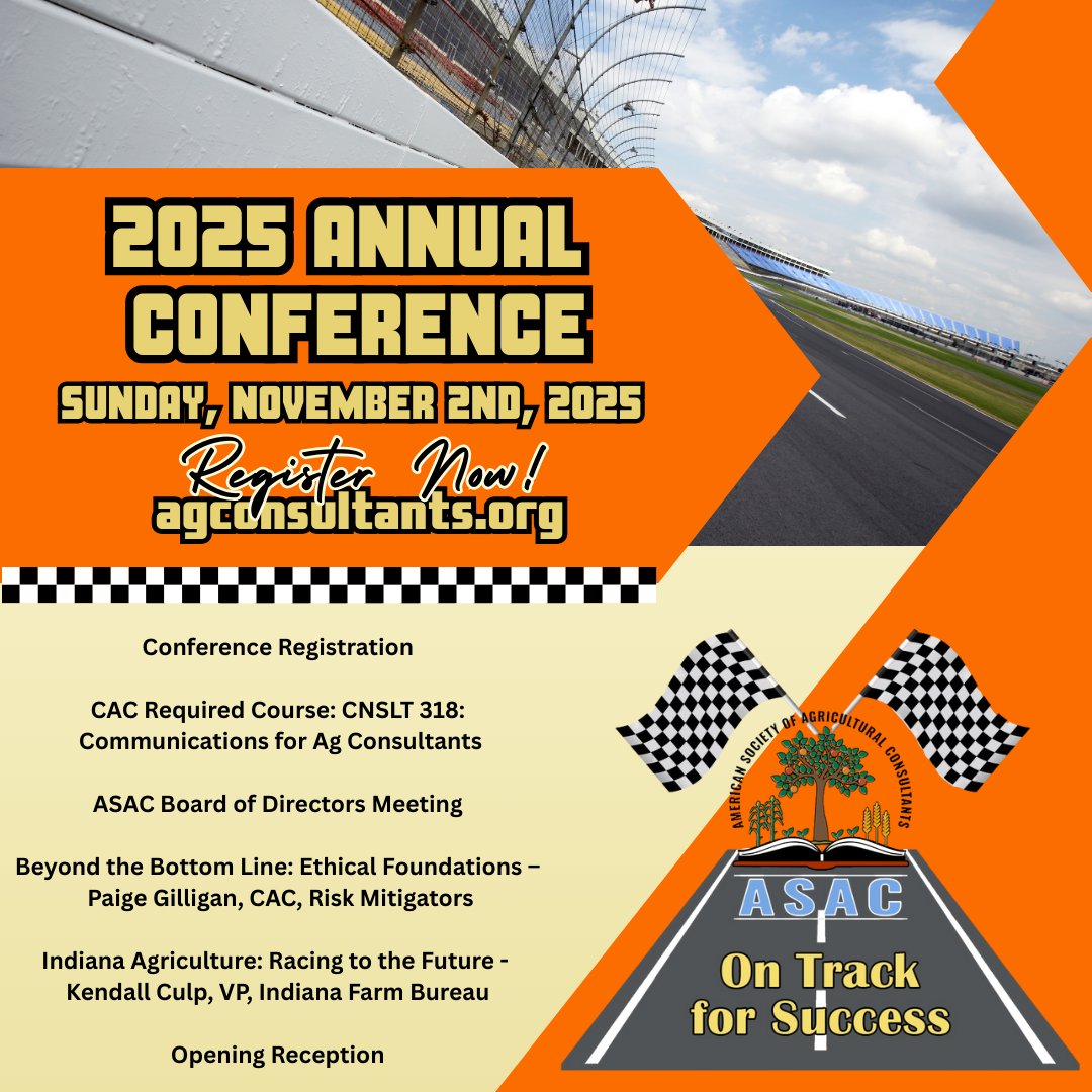 The_ASAC's tweet image. Early registration ends on October 17, and the conference hotel room block closes on October 10. Go to agconsultants.org/2025_annual_co… and select the appropriate links. There is also a link to conference sponsorship opportunities on that page. #ASAC2025 #agconsultants