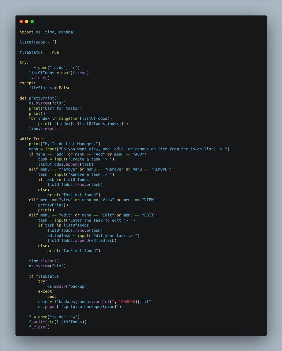 dkingony's tweet image. Day 55 of 100

Hey guys, today I learnt how to work with the OS library, doesn&apos;t seem to be a forward process, I&apos;d read up more on it via the python docs. I added a code to first create a backup file of my to-do list manager👨🏾‍💻 

#Replit100DaysOfCode #100DaysOfCode  #buildinpublic