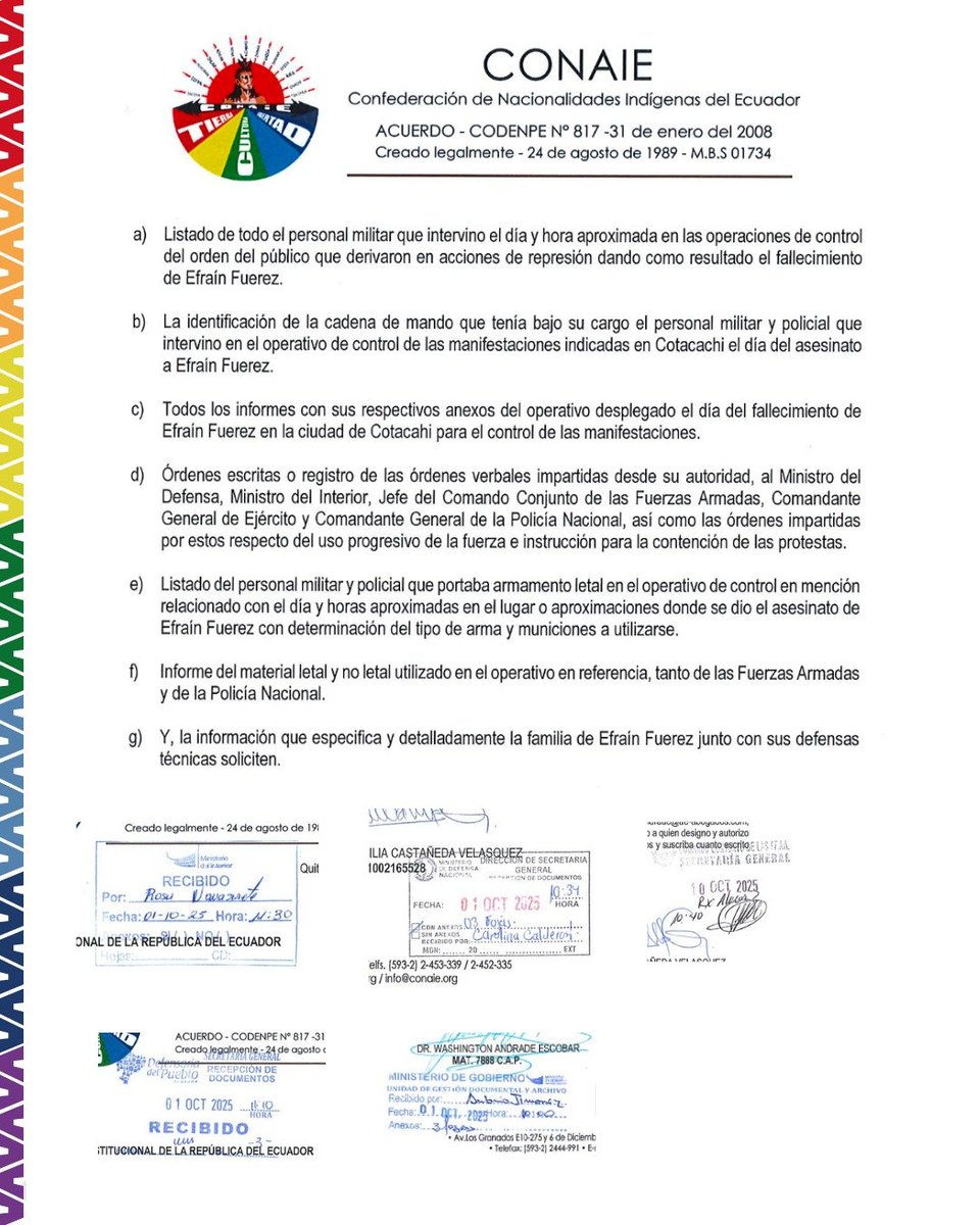 ‼️#URGENTE
<a href="/CONAIE_Ecuador/">CONAIE</a> remitió un oficio al presidente de la República, ministros de Estado y altos mandos militares en el que pide un listado del personal de las Fuerzas del Orden que intervino en las operaciones que derivaron en el fallecimiento de Efraín Fuerez. Además,