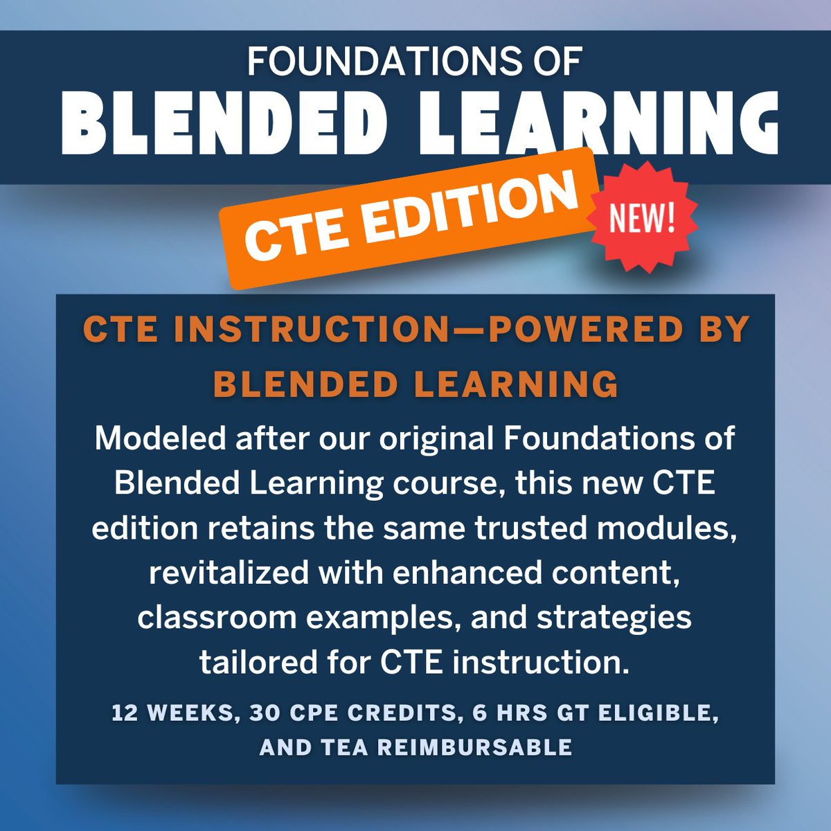 🚀 New course alert! Foundations of Blended Learning: CTE Edition 🎓✨ Built on our original Foundations course, this edition brings fresh CTE-focused tools  &amp; exemplars to power student-centered instruction. #UTeachPD #BlendedLearning

Enroll now ➡️ ow.ly/jjm750X5Uha