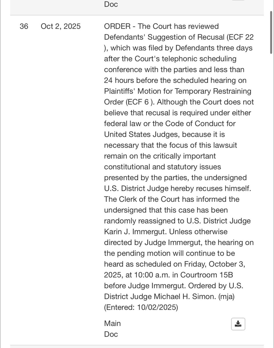 NEW: Judge Simon recused himself in the case over deployment of national guard to Oregon. 

Case reassigned to Judge Karin Immergut, a Trump appointee.