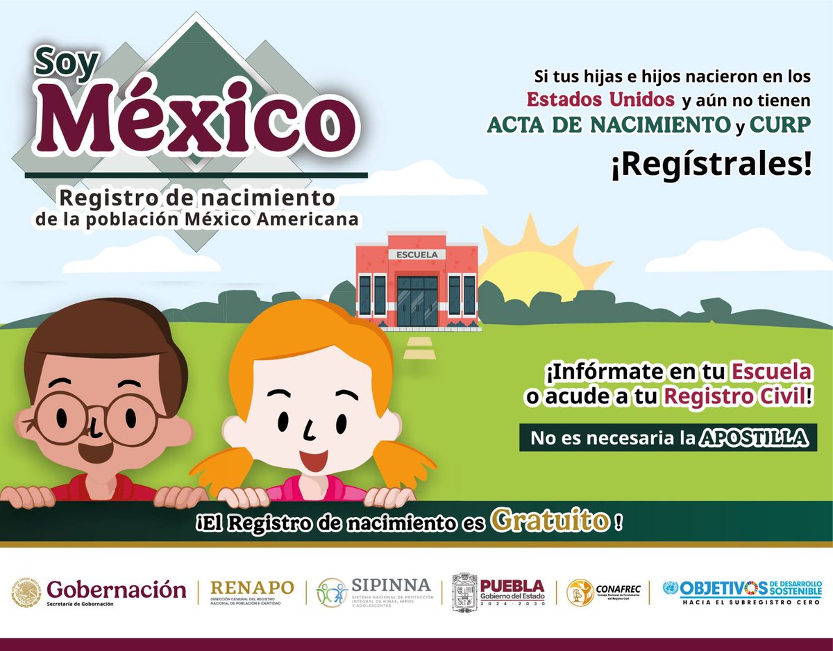 Sistema Estatal DIF (@difgobpue) on Twitter photo Con el Programa Soy México, hijas e hijos de mexicanas y mexicanos nacidos en EE. UU. reciben su acta de nacimiento y CURP gratis. 👨👩👧👦🇲🇽🇺🇸
Lista de Peritos traductores oficiales 👉 📄 tinyurl.com/26kqhckz
#PorAmorAPuebla #PensarEnGrande Con el Programa Soy México, hijas e hijos de mexicanas y mexicanos nacidos en EE. UU. reciben su acta de nacimiento y CURP gratis. 👨👩👧👦🇲🇽🇺🇸
Lista de Peritos traductores oficiales 👉 📄 tinyurl.com/26kqhckz
#PorAmorAPuebla #PensarEnGrande