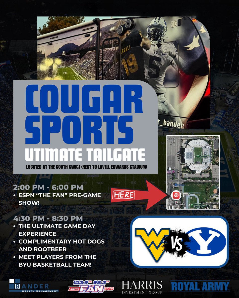 Stop by the pregame show tomorrow at the South Swig in Provo! BTYB <a href="/BANDERWealth/">BANDER Wealth Management</a> &amp; <a href="/HarrisInvest/">Harris Investment Group</a> 

☑️ <a href="/royalarmybrand/">Royal Army</a> swag sale
☑️ BYU Basketball Players in attendance 
☑️ Free hot dogs and root beer